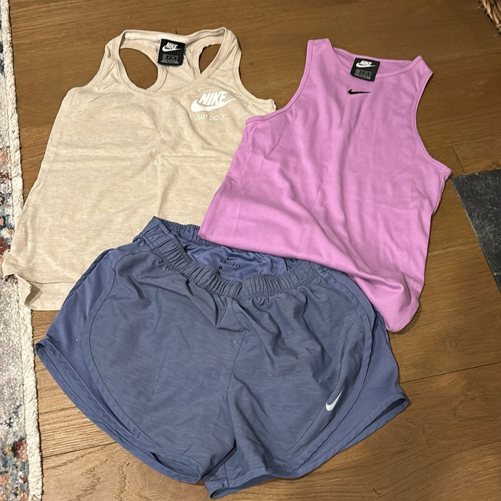 Nike fit bundle nylon shorts small- beige & pink cotton/rayon tops xs